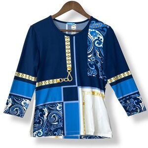 J. McLaughlin M Blouse Blue Patchwork Paisley Chain Catalina Cloth Old Money